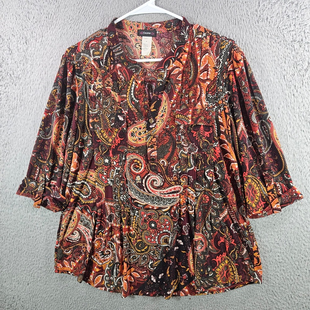 Cocomo‎ Women L Paisley Print Button Front 3/4 Sleeve Top Burgundy Orange Boho